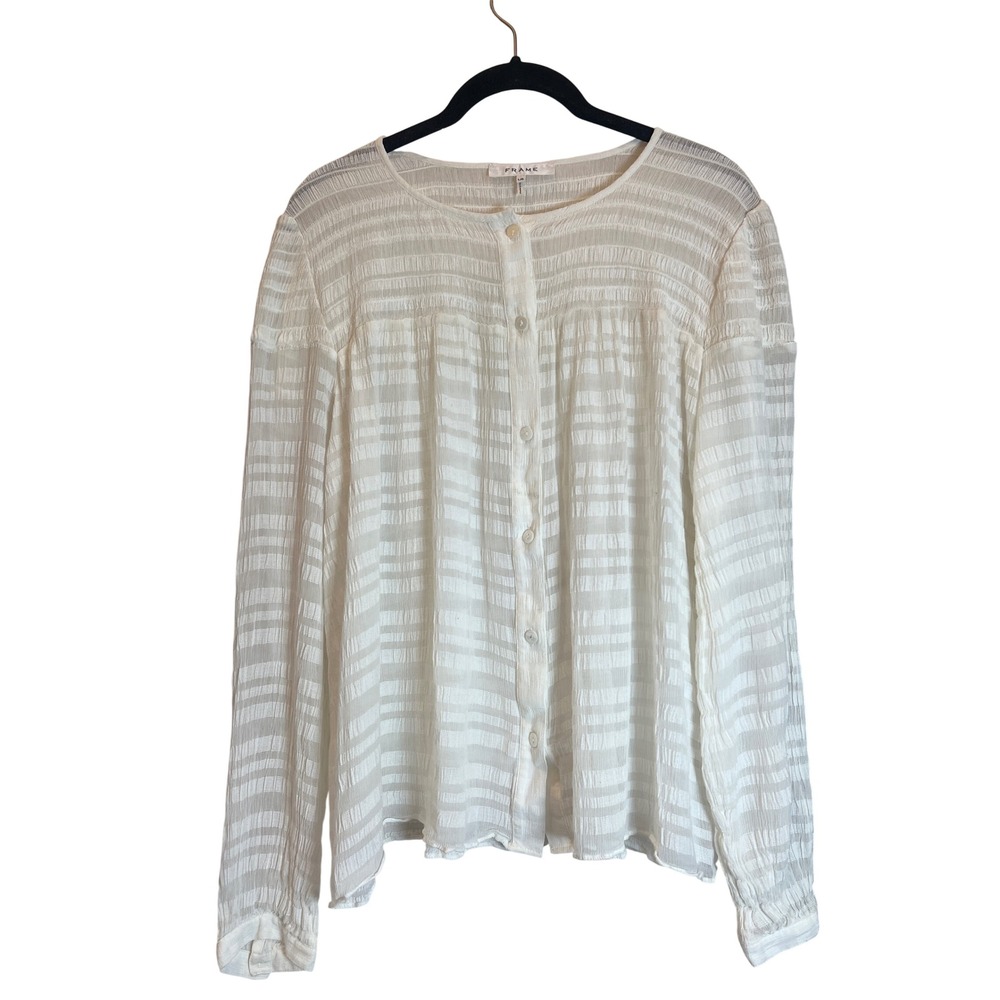 FRAME Off-White Smocked Button‎ Down Blouse Sheer Minimalist Neutral Large